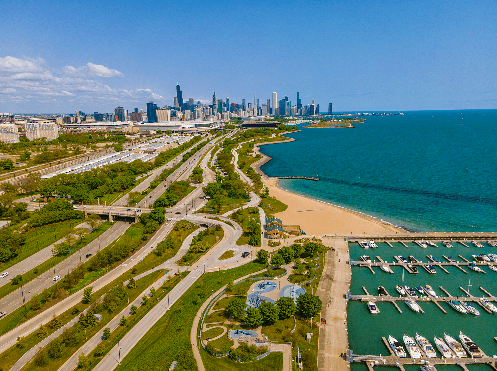 a view of the chicago skyline and lake michigan