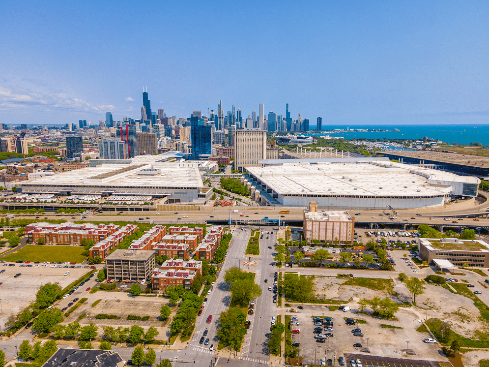 a view of chicago from above with the chicago skyline in the background