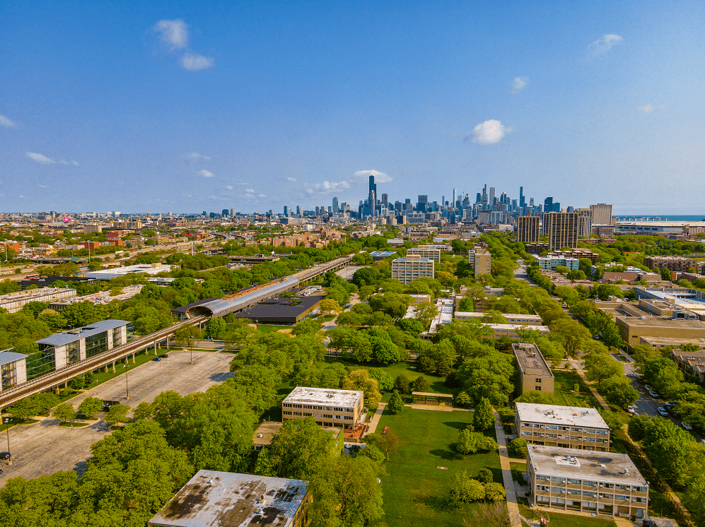 an aerial view of chicago with the skyline in the background
