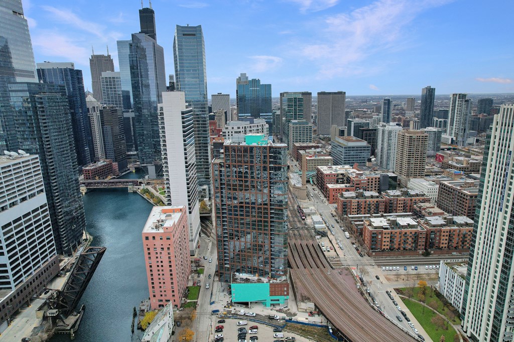 an aerial view of the city and the riverat Cassidy on Canal, Chicago, Illinois