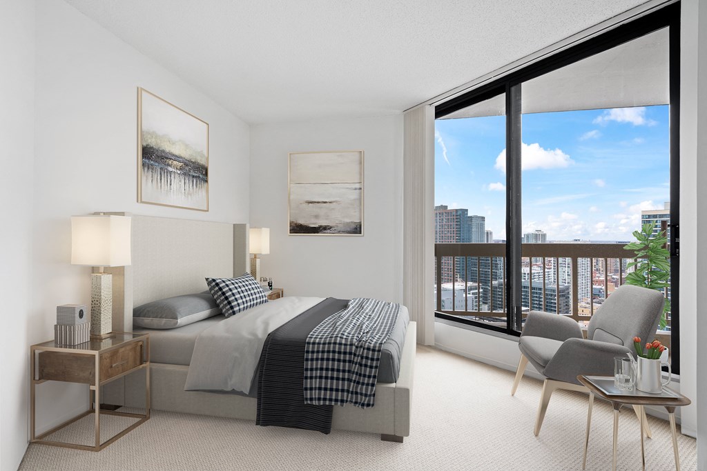 Bedroom With Expansive Windows at Asbury Plaza, Illinois, 60654