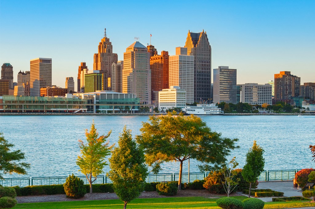 View of Detroit Skyline at Sunset at The Village of Hyde Park, Detroit