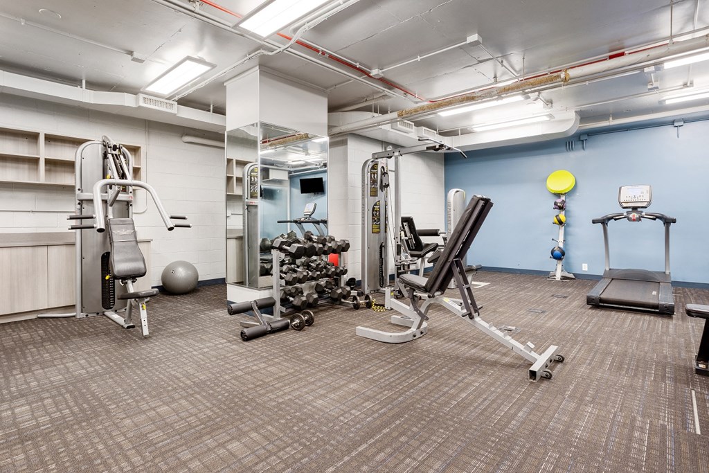 a spacious fitness center with cardio equipment and weights at Eden Commons, Illinois