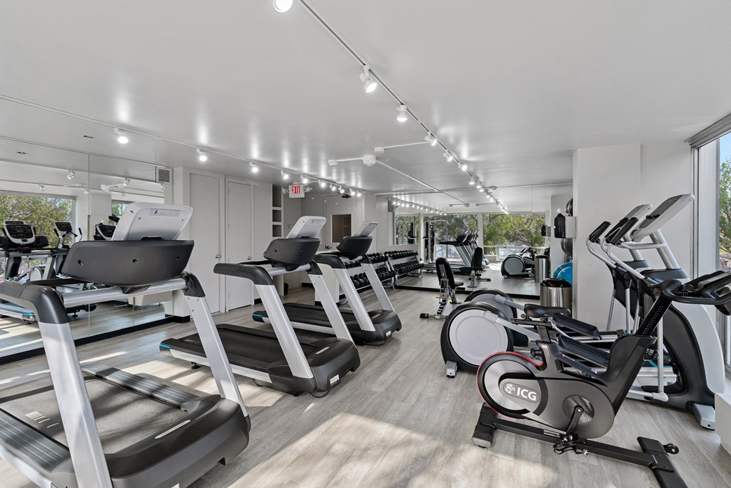 a gym with treadmills and ellipticals and other exercise equipment at The Pavilion, Detroit, 48207