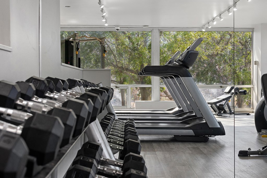 a gym with a row of treadmills and a window view of the outdoors at The Pavilion, Michigan, 48207