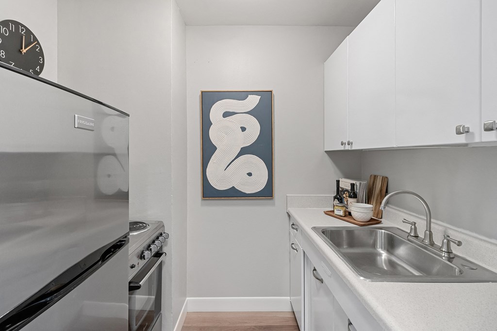 kitchen with stainless steel appliances and white cabinets and a wall art of a white snake  at The Pavilion, Michigan, 48207