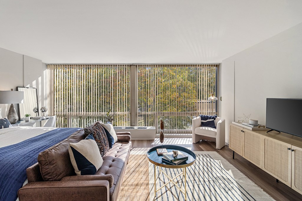 a bedroom with a bed and a couch and a tv at The Pavilion, Detroit, 48207