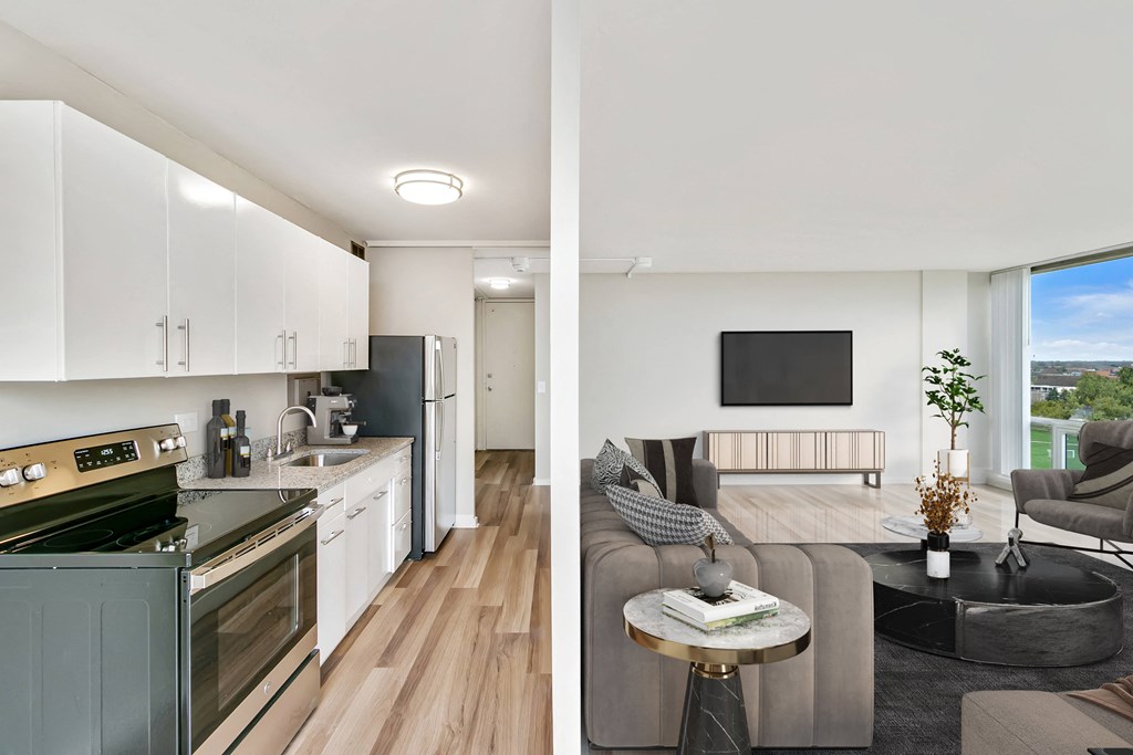 a kitchen and living room in a 555 waverly unit at The Pavilion, Detroit, 48207