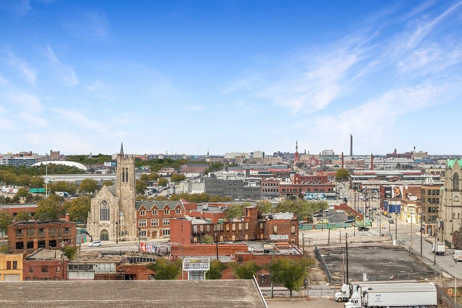 a view of the city from the top of a building at The Pavilion, Detroit, Michigan