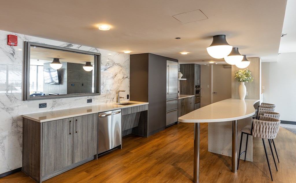 A modern kitchen with a marble countertop and stainless steel appliances at Kingsbury Plaza, Chicago, 60654