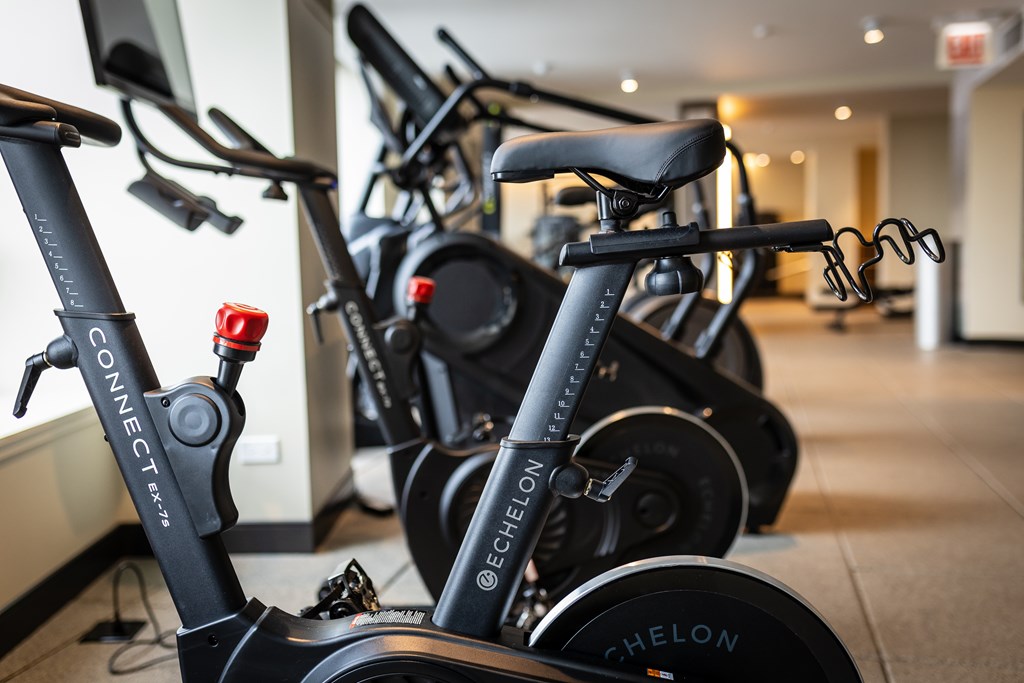 A row of stationary bikes are lined up in a gym at Kingsbury Plaza, Chicago, IL, 60654