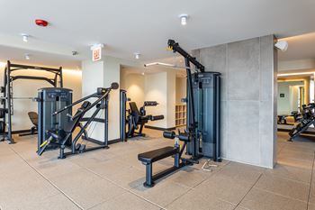 A gym with a variety of equipment including a squat rack, a leg press machine, and a bench press at Kingsbury Plaza Apartments, Illinois