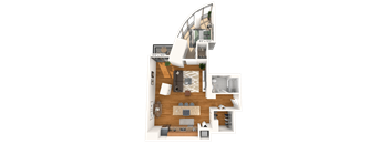 A 3D floor plan of a house with a kitchen, living room, and two bedrooms.