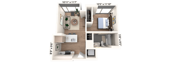 3D floor plan of one bedroom apartment layout at Cassidy on Canal Apartments, Chicago, IL 60606