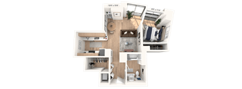 A 3D floor plan of a junior one bedroom apartment with a living room, kitchen, and bathroom.