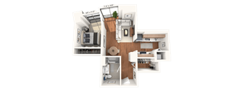 A 3D floor plan of an apartment showing the layout of the rooms.