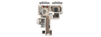 3D floor plan with one bedroom and bathroom at Cassidy on Canal Apartments, Chicago, IL