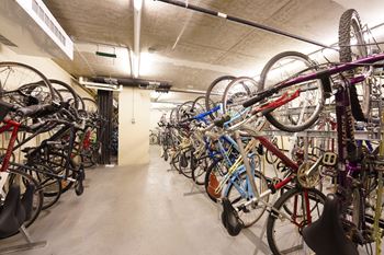 A bike shop with many bikes on display at Kingsbury Plaza Apartments, Illinois