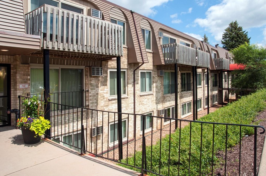 View of apartments with balconettes in Eagan, MN.