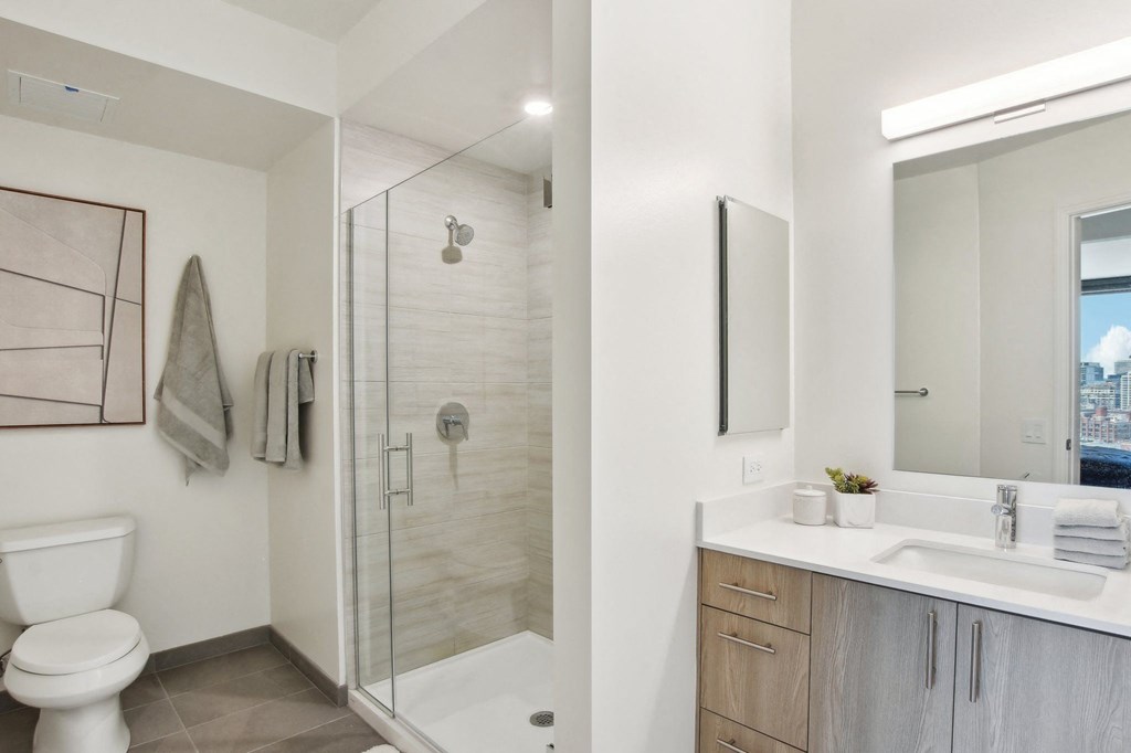 a bathroom with a shower toilet and sink and a mirror at Cassidy on Canal, Chicago, IL