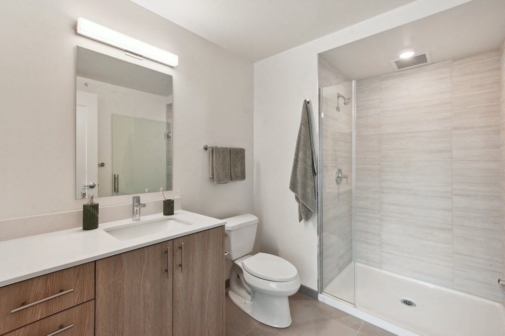 a bathroom with a shower toilet and sink and a mirror at Cassidy on Canal, Chicago, IL, 60654