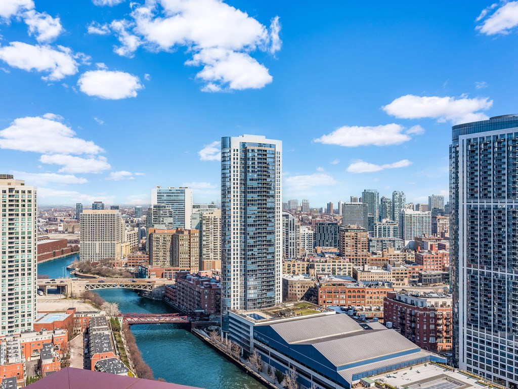 an aerial view of the city and the river at Cassidy on Canal, Chicago, IL, 60654