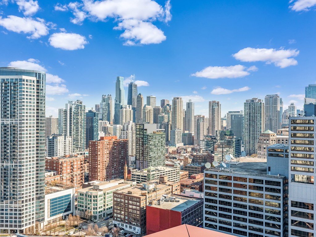 a view of the city from a balcony at Cassidy on Canal, Chicago, IL