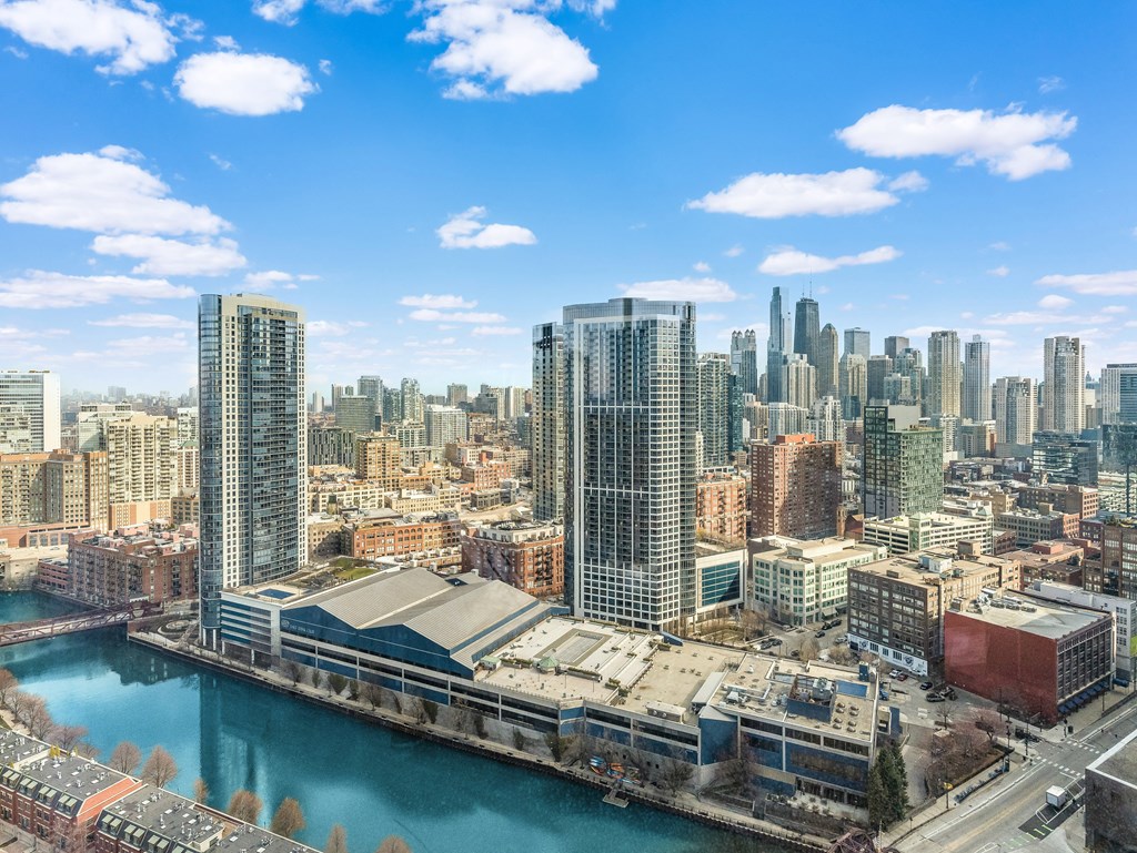an aerial view of the city and the river at Cassidy on Canal, Chicago, IL