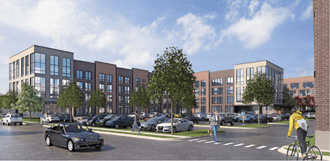 a rendering of a building with cars parked in front of it