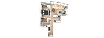 A top-down view of a two-bedroom apartment with a balcony.