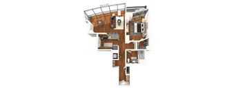 A 3D floor plan of an apartment with a kitchen, living room, and two bedrooms.