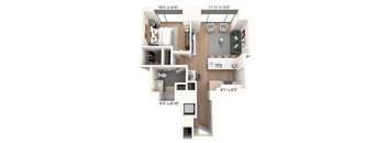 3D floor plan with two bedrooms and open layout at Cassidy on Canal Apartments, Chicago, 60606