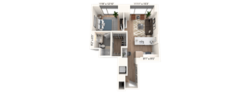 3D floor plan with two bedrooms and bathroom at Cassidy on Canal Apartments, Chicago, Illinois