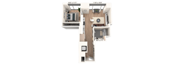 3D floor plan with one bedroom and bathroom layout at Cassidy on Canal Apartments, Chicago