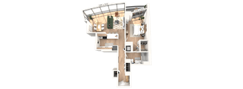 A 3D floor plan of an apartment with a kitchen, living room, and bathroom.