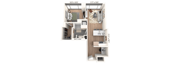 3D floor plan of one bedroom apartment with balcony at Cassidy on Canal Apartments, Illinois, 60606