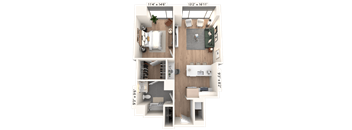3D floor plan of one bedroom one bathroom layout at Cassidy on Canal Apartments, Chicago, IL 60606