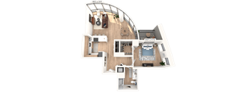 A 3D floor plan of an apartment with a living area, kitchen, and bedrooms.