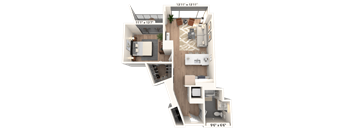 3D floor plan with bedroom and balcony at Cassidy on Canal Apartments, Chicago, IL