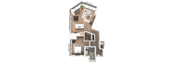 3D floor plan with open living area and spiral staircase at Cassidy on Canal Apartments, Chicago, 60606