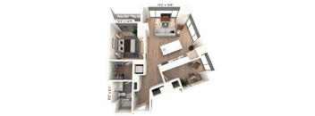 3D floor plan with bedroom and open living area at Cassidy on Canal Apartments, Chicago, Illinois