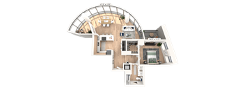 A 3D floor plan of a house with a living room, kitchen, and two bedrooms.