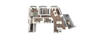 3D floor plan with two bedrooms and balcony at Cassidy on Canal Apartments, Chicago, IL