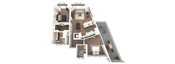 3D floor plan of two bedroom apartment with balcony at Cassidy on Canal Apartments, Chicago, Illinois