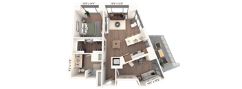3D floor plan with two bedrooms and living room at Cassidy on Canal Apartments, Chicago