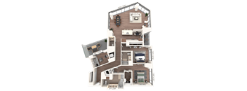 3D floor plan with two bedrooms and balcony space at Cassidy on Canal Apartments, Illinois, 60606