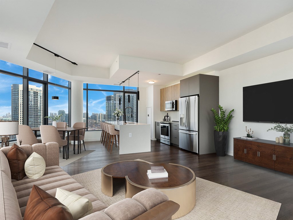 a living room with a couch and a table at Cassidy on Canal, Chicago, IL, 60606