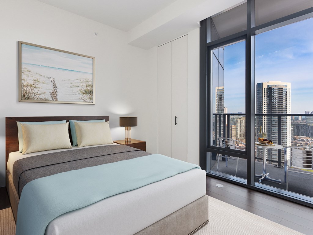 a bedroom with a bed and a large window at Cassidy on Canal, Chicago, IL, 60606