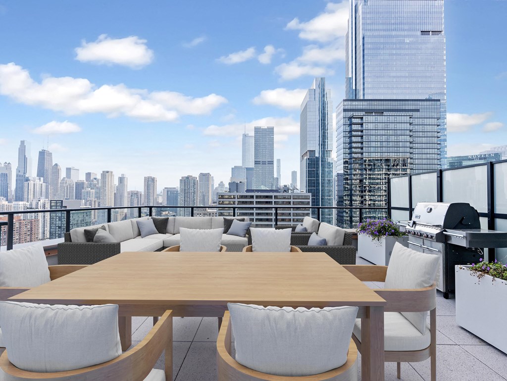 a communal terrace with a view of the city and a table and chairs at Cassidy on Canal, Chicago, Illinois, 60606