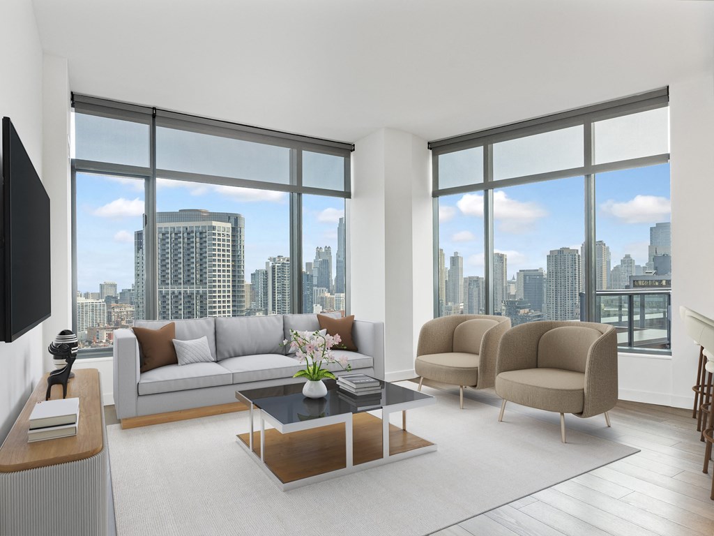 a living room with a city view and a couch and a coffee table at Cassidy on Canal, Chicago, Illinois, 60606